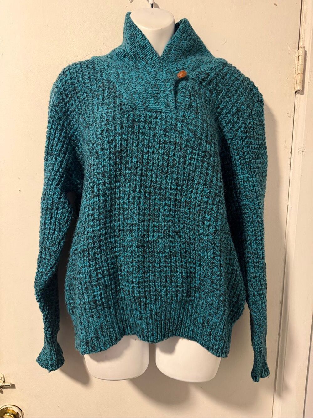 BEMIDJI WOOLEN MILLS Turquoise Marl Shaw Collar Chunky Knit Sweater-XL